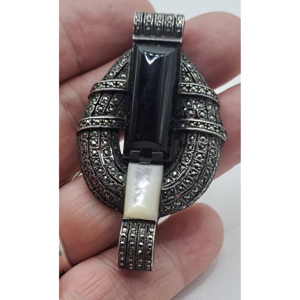 Sterling Silver Marcasite MOP Jet Black Onyx Pendant